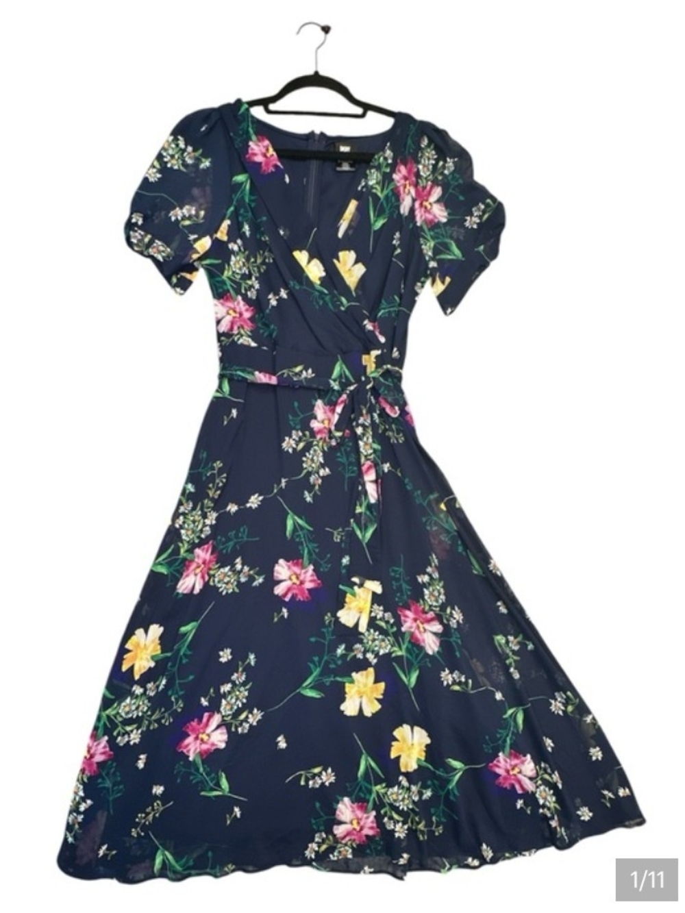 DKNY Romantic Fairy Navy Maxi Wrap Dress with Floral Print